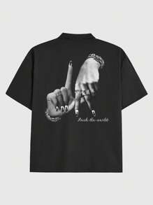 Manfinity VCAY 大码男士街头时尚印花黑色短袖编织衬衫 - 黑色 - 查看 2