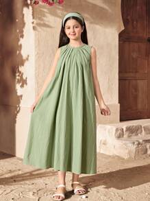 SHEIN Leap Crew Tween Girls Casual Minimalist Hollow Back Round Neck A-Line Loose Dress - Green - View 5