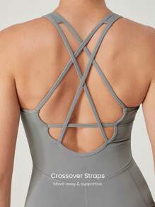 GLOWMODE 4.3" FeatherFit™-Air Sweat-Wicking Quick-Dry Tummy Control Corset Round-Neck Crossover Back Bodysuit Jumpsuit Romper With Side Pockets Low Impact Yoga Pilates Studio Daily Casual Wear Removable Cups - Grey - View 4