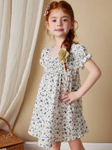 Blossori Young Girls' Elegant French Style White Ground Gray Ditsy Floral Jacquard Fabric Collared A-Line Dress, Spring/Summer - Multicolor - View 5