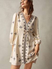 Bohemela Vacation Embroidered Decor Women Mini Dress - Beige - View 7