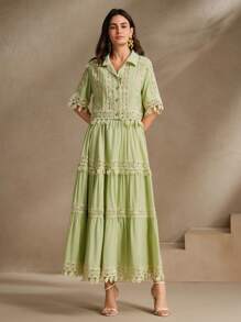 Anewsta Conjunto elegante y romántico de 2 piezas para mujer - Blusa con flecos y aplicación floral verde y falda larga, para primavera/verano