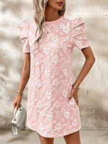 SHEIN Clasi Women's Puff Sleeve Textured Jacquard Dress - Pink - View 6