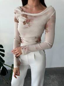 Firerie Elegant förenklat mode för kvinnor Charmigt romantiskt blommönster Sned axel volanger Tight långärmad skjorta, lämplig för datum, daglig pendling, höst/vinter/vår - Multifärgad - Visa 6