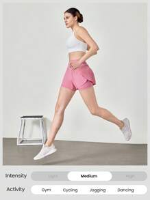 GLOWMODE 3 英寸 VitalSwift Speedwork 快干高腰褶皱裙式跑步短裤，带侧拉链口袋，内置短裤，中等冲击跑步慢跑训练健身房锻炼 - 粉色 - 查看 7
