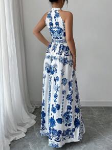 Elenzga 女士花卉印花吊带长裙，夏季假日 - 藍白色 - 查看 2
