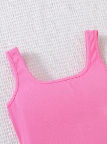 SHEIN Tween Girl 2pcs/Set Casual Simple Comfy Crew Neck Sleeveless Ruffle Hem Crop Top And Skirt - Pink - View 3