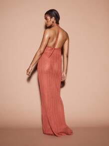 KIZN Lurex Knit Halter Neck Evening Gown Pleated Metallic Floor Length Special Occasion Party Dress With Cowl Neck Glitter Sparkle Formal Wear - Brown - View 2