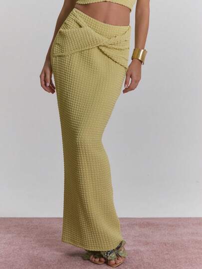 MUSERA 褶皱雪纺弹力系带腰身修身长裙派对