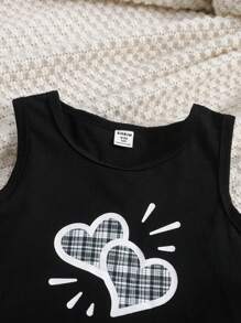 3 件套青少年女孩休闲黑白格子心形印花吊带背心、裤子和眼罩舒适睡衣套装 - 黑與白 - 查看 5