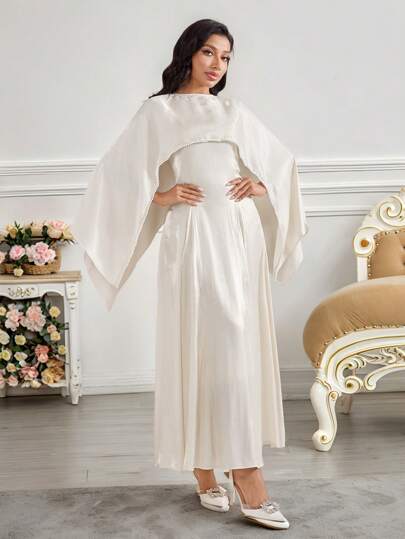 Veilorie Women's Elegant Cream White Patchwork Pearl Chain Dress Concert Outfit Women   Old Money  Sundress Summer Clothes  Wedding Guest Dress Women