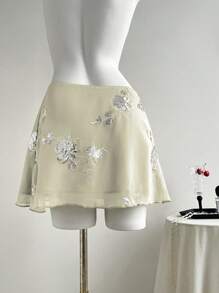 Elamini Váy ngắn thêu lưới mỏng gợi cảm kiểu phương Đông mới dành cho nữ - Màu be - Xem 2