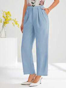 SHEIN Clasi Quần âu nữ cạp cao màu trơn thời trang thường ngày/công sở mùa thu/đông - Màu xanh nhạt - Xem 3