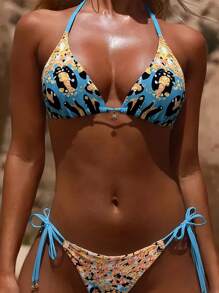 SHEIN Swim 2pcs/Set Localization Printed Halter Strappy Bottom Sexy Swimwear Set For Summer Beach Vacation - Multicolor - View 2