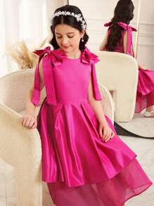 SHEIN Tween Girls' Elegant Fitted Minimalist Sweet Round Neck Sleeveless Detachable Cinched Waist A-Line Dress - Hot Pink - View 5