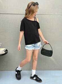 SHEIN Blouse d'une seule épaule à manches courtes en tricot de couleur unie pour fille pré-adolescente, style décontracté de vacances