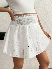 SHEIN Comfortable Solid Color Lace Hem Hollow Embroidered Drawstring Maternity Shorts, Summer Casual - White - View 3