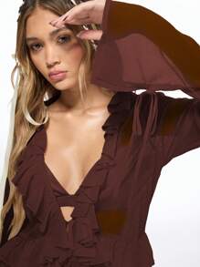 MISSGUIDED Ruffled Longline Blouse Fall Winter Festival Boho Chic Prairie Victorian Style Front Tie Long Sleeve Top Western Cottage Core Fashion Peasant - Chocolate Brown - View 5