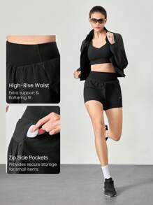 GLOWMODE 3" VitalSwift Speedwork Quick-Dry Cintura alta Plissado Saia Estilo Corrida Shorts Com Bolsos Laterais Com Zíper Shorts Embutidos Médio Impacto Corrida Corrida Treinamento Ginásio Treino - Preto - Ver 4
