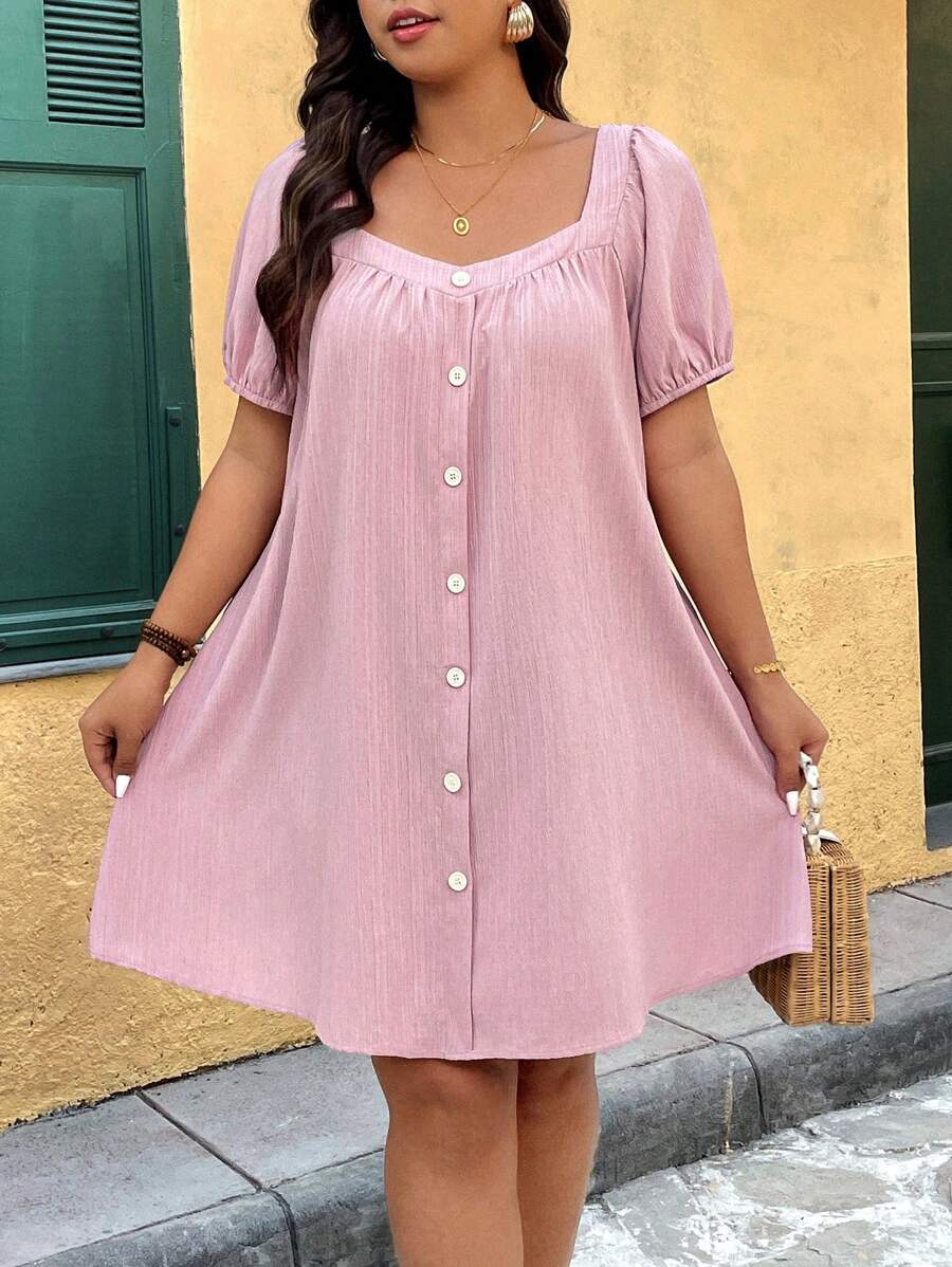 Breezaya Plus Size Women Woven Vacation Short Sleeve Lotus Root Pink Dress With Decorative Button - Dusty Pink - View 1