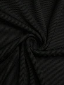 SHEIN Clasi 大码女式撞色蕾丝圆领短款灯笼袖紧身衣 - 黑色 - 查看 8