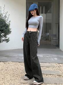 DAZY Women's Casual Washed Rhinestone Embellished Wide Leg Jeans