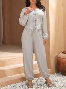 RueChic Plus Casual Front Bow Detailed Two Piece Outfit