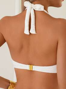 SHEIN Swim 2pcs Women Solid Color Hoop Decor Minimalist Bikini Set, Suitable For Beach Holiday For Summer Beach Vacation - White - View 5