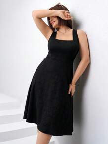 Chikora Plus Size Square Neck A-Line Jacquard Knit Elegant Dress Women Elegant Dresses Spring/Summer Outfits For Women Rave Outfits Festival Easter Women Outfit Easter Women Outfit - Black - View 6