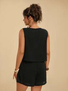 Travachic 2 件套大码女式休闲纯黑色系带背心和沙滩短裤套装 - 黑色 - 查看 2