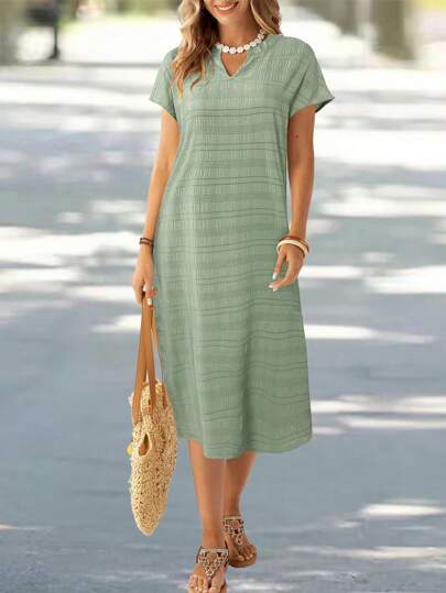 EMERY ROSE Women's Solid Color V-Neck Short Sleeve Straight Casual Mid-Length Dress