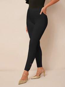 Amorya Quần legging nữ cạp chun, phối ren tương phản, thời trang đa năng, thích hợp cho mùa xuân, thu, đông, đi học, kiểu dáng kín đáo, cổ điển, dành cho giáo viên, phong cách sân bay, đẹp cho nữ. - màu đen - Xem 6