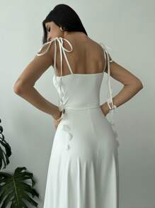 Firerie Vestido línea A con decoración floral blanca, elegante, minimalista, precioso y romántico con cintura alta, adecuado para uso diario, citas, fiestas, vacaciones