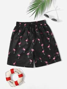 SHEIN Tween Boy Flamingo Print Drawstring Waist Swim Trunks - Black - View 3