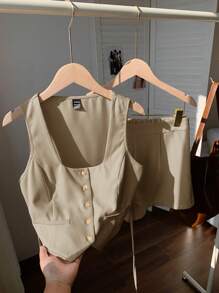 Comfortcana Women's Khaki Cardigan And Shorts 2 Pieces Suit Set - Khaki - View 4