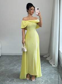 Rafferiza French Elegant Cocktail Party Wedding Guest Off Shoulder Ruched Bodycon Chiffon See-Through Flowy Mermaid Dress, Yellow, Women, Spring/Summer - Yellow - View 1