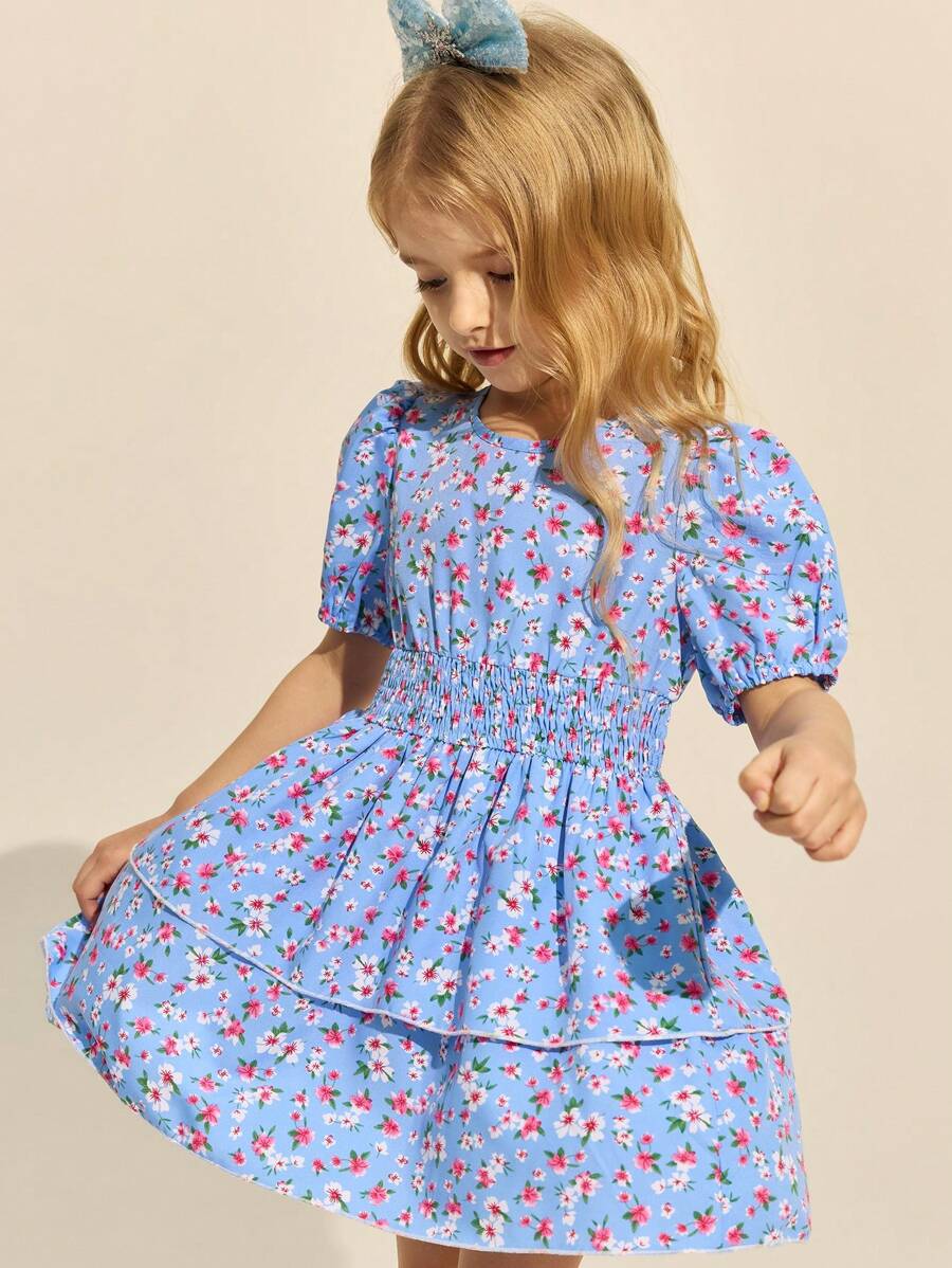 SHEIN Young Girls Light Blue Background White & Pink Floral Green Leaves Print Round Neck Woven Dress, Spring/Summer - Multicolor - View 1