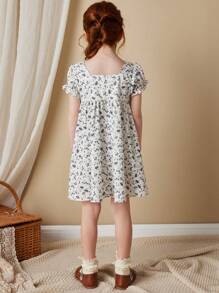 Blossori Young Girls' Elegant French Style White Ground Gray Ditsy Floral Jacquard Fabric Collared A-Line Dress, Spring/Summer - Multicolor - View 2