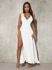 SHEIN SXY 女士时尚性感纯色深 V 领高开衩无袖连衣裙 - 白色 - 查看 1