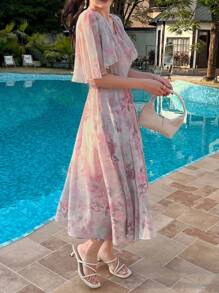 DAZY V-Neck Floral Print Ruffle Sleeve Mid-Calf Length Dress For Women,Fall Dress Long Sleeve Dress Vacation Outfits Women - Pink - View 4