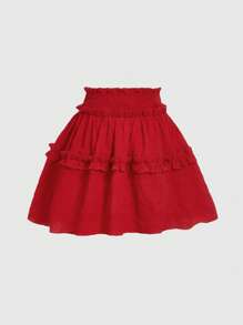 SHEIN MOD Falda plisada con dobladillo de volantes rojo, con decoración de lazo negro, estilo vintage romántico y elegante, adecuada para citas, fiestas, vacaciones, meriendas y atuendos de cumpleaños