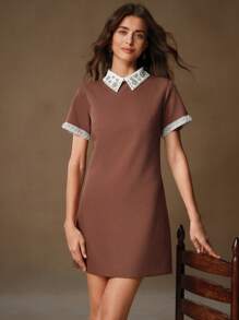 Anewsta Elegant Rhinestone & Pearl Embellished Lapel Maillard Color Dress For Women - Rust Brown - View 3