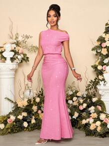 SOLERSUN Vestido maxi ajustado de color rosa elegante con bajo de cola de sirena, vestido sexy para mujer, atuendo para vacaciones, fiestas y citas - Rosa - Ver 1