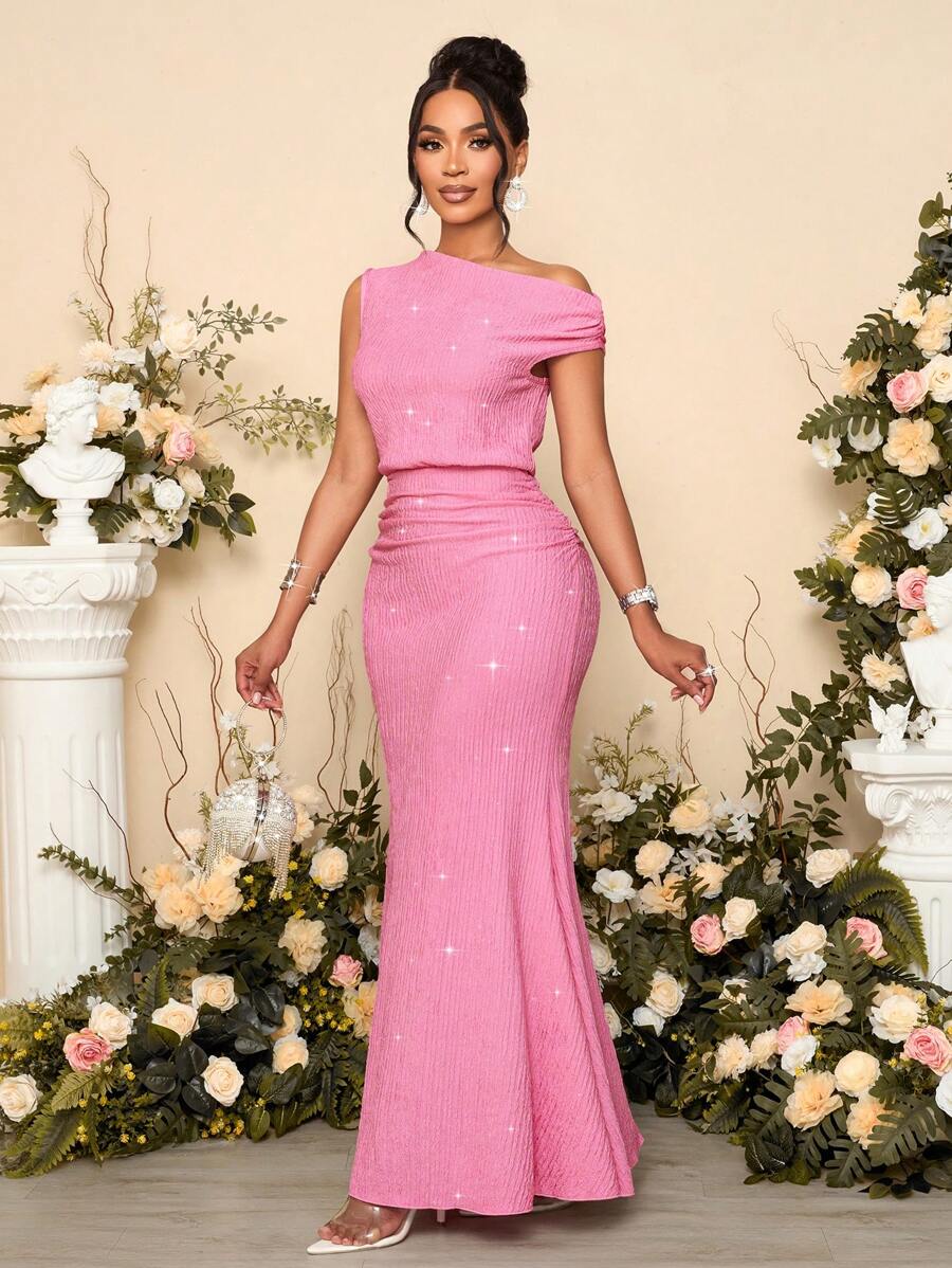 SOLERSUN Vestido maxi ajustado de color rosa elegante con bajo de cola de sirena, vestido sexy para mujer, atuendo para vacaciones, fiestas y citas - Rosa - Ver 1