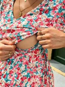 SHEIN Maternity Nursing Dress With Puff Sleeves And V-Neck, Ditsy Floral - Pink - View 7