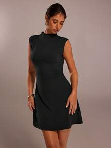 SHEIN Forever 21 Summer Clothes /Business Women Attire/Graduation Outfit /Women Workoutfits /Elegant /Casual Women Outfits/Summer Clothes /Black Sleeveless Stretch Waist A-Swing Mini Dress - Black - View 4