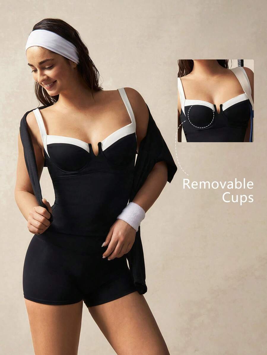 VARSITIE 女士纯色拼布休闲修身运动 T 恤和背心