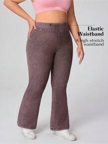 SHEIN Essnce Plus Size Brown Washed Denim Flare Jeans For Women: Soft, Stretchy, And Tummy-Control Design For All-Day Comfort - Brown - View 5