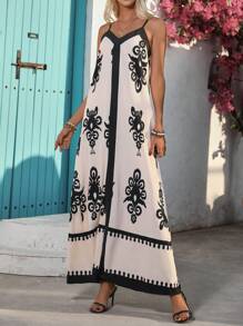 SHEIN Clasi Women's New Summer Sexy Off Shoulder Floral Print Long Dress - Apricot - View 5