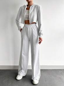 EURMUSE Cotton Solid Color Crop Hooded Top & Long Pants Two Pieces Set - Grey - View 5